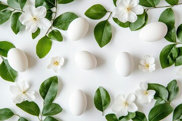 Wall Mural - White eggs, spring blossoms, flatlay,  greeting card design