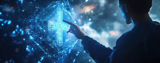 Fototapete - Person touching digital cross, futuristic backdrop, website design