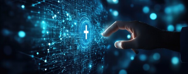 Poster - hand adds plus symbol to digital network; bokeh background