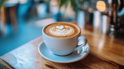 Poster - Warm latte with heart shaped foam art served in a cozy cafe setting during afternoon hours. Generative AI