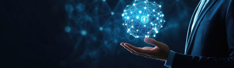 Poster - businessperson holding digital network globe; dark background, global connectivity