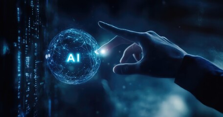 Fototapete - Hand interacts with AI sphere; futuristic data center background