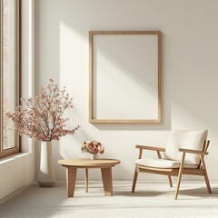 Wall Mural - Modern minimalist room, chair, mockup, sunlight,  floral decor, interior design