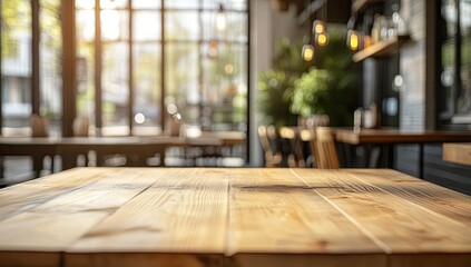 Wall Mural - Sunny cafe table, wood surface, city view, bokeh background, product display