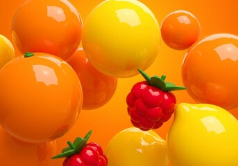 Vibrant still life featuring geometric fruits with glossy reflective surfaces