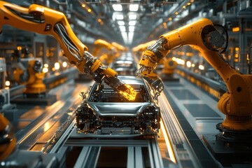 Poster - Automated Robotic Assembly Line: Precision Car Manufacturing Process in Modern Factory