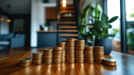 Wall Mural - Coins growing on wood table, modern home