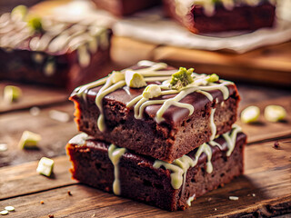 Wall Mural - Tasty matcha brownie cake with white chocolate. Delicious food background