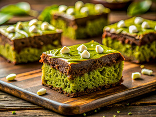 Wall Mural - Tasty matcha brownie cake with white chocolate. Delicious food background