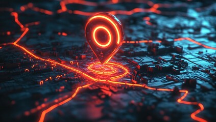 Poster - Neon GPS Navigation: 3D City Map Route Finding with Glowing Pointer and Digital Roads, Futuristic Urban Exploration.