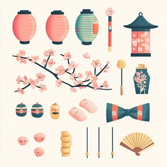 Wall Mural - Icon Set of Cherry Blossom Festival Essentials, Cherry Blossom Festivals (