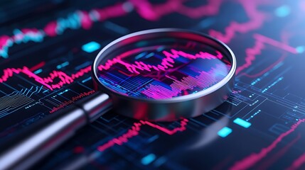 Poster - magnifying glass over stock market chart. concept of financial analysis, investment, and market rese