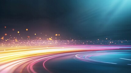 Poster - Dynamic light trails illustrating speed and motion on a road at night vibrant colors digital art background abstract viewpoint concept of energy