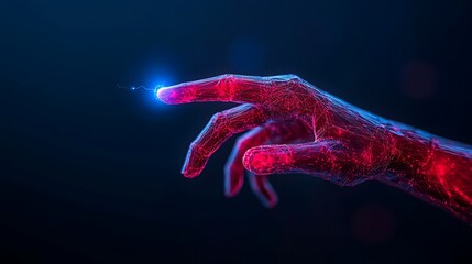 Fototapete - Digital hand reaching for glowing light. Futuristic technology concept.