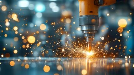 Poster - Laser cutting sparks industrial workshop manufacturing process dynamic environment close-up view engineering concept for innovation