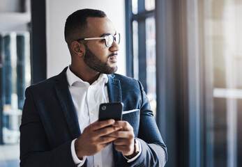 Poster - Phone, thinking and business man in office for investment idea, opportunity and corporate mindset. African worker, vision and planning with mobile app for email, financial decision and inspiration