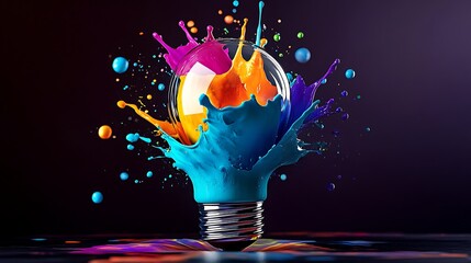 Colorful paint splashing on a lightbulb, symbolizing creativity and innovation.