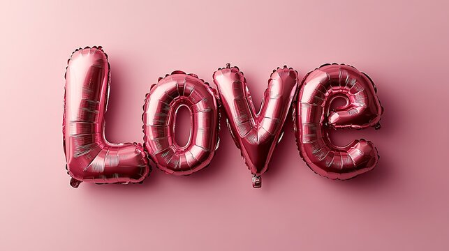 Word Love created with pink foil balloons on a pastel background, with soft light and shadow effects, in a pink color scheme, 