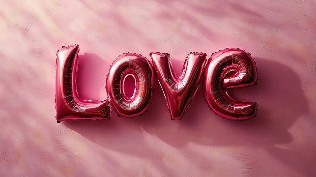 Word Love created with pink foil balloons on a pastel background, with soft light and shadow effects, in a pink color scheme, 