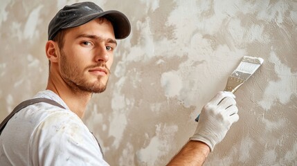 Man Applying Eco-Friendly Paint to Walls in a Warm Interior Setting