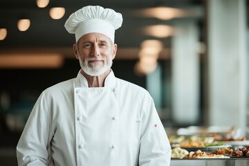 Poster - chef stands proudly in front of buffet of fresh dishes wearing classic white coat and toque with plenty of room for