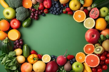 Wall Mural - Colorful fruit vegetable frame, green background, healthy food, recipe design (1)