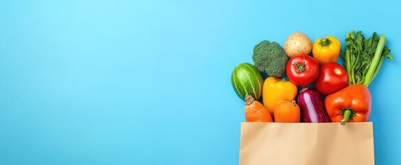 Wall Mural - Colorful veggies in paper bag, blue backdrop, healthy food concept