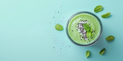 Sticker - Green smoothie bowl, mint garnish, coconut flakes, blue background, healthy recipe