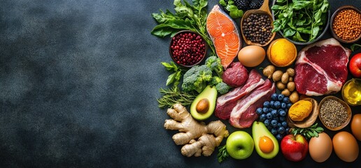 Wall Mural - Healthy food, dark background, recipe concept