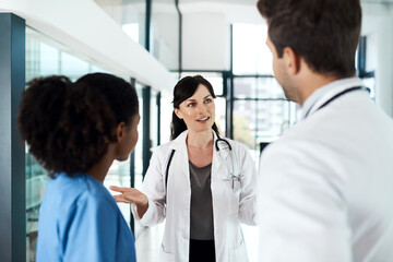 Leinwandbilder - Doctor, nurse and people with planning in hospital for medical surgery, diagnosis and risk management. Healthcare staff, collaboration and meeting for treatment advice, health advice and workflow