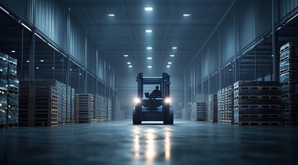 Poster - Warehouse Worker Operates Forklift Among Pallets at Night, Efficient Logistics in Industrial Setting
