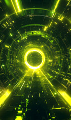 Poster - Futuristic technology tunnel with green neon lights and circuit board patterns rendering
