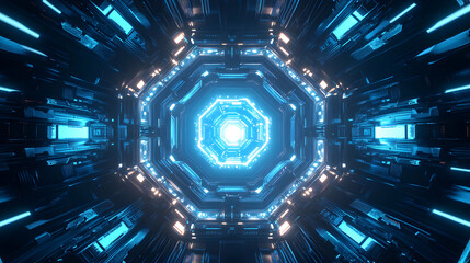 Poster - Futuristic technological tunnel with glowing neon lights and intricate details