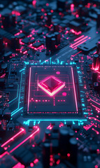 Poster - Abstract rendering of computer motherboard with glowing neon circuits, futuristic design