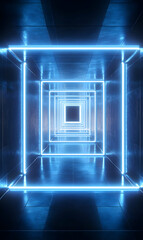 Poster - Neon squares glow brightly in a dark tunnel, creating a futuristic pathway design