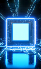 Poster - Futuristic Processor Core Illustration with Glowing Neon Light Effects in Dark Room
