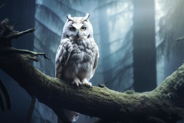 A white owl is perched on a tree branch