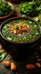 Wall Mural - Close Up of Green Spinach and Lentil Soup with Toasted Almonds in a Brown Bowl on Dark Wood Table Healthy Cuisine and Rustic Style