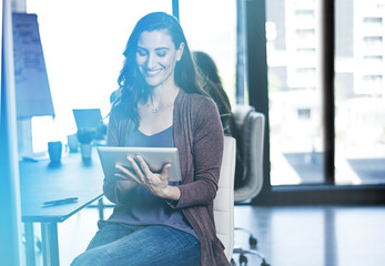 Poster - Woman, tablet and online for reading research, project and professional journalist for story. Workplace, publishing agency and website for newsletter editing, proud reporter and creative employee