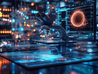 Poster - microscope displaying real time holographic cell images in lab
