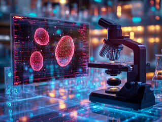 Poster - microscope displaying real time holographic cell images in lab
