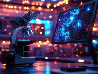 Poster - microscope displaying vibrant holographic images of cells in lab setting