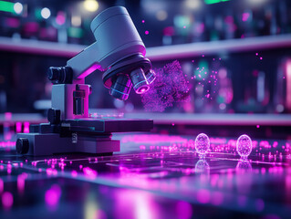 Poster - Microscope displaying real time holographic cell images in vibrant colors