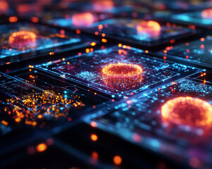 Poster - digital cells glowing on circuit boards, showcasing advanced technology and innovation