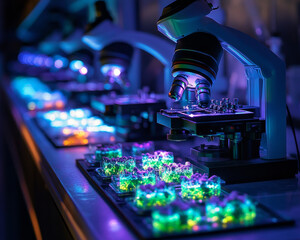 Poster - High tech microscopes examining vibrant biological samples in lab