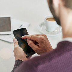 Aufkleber - Office, phone screen and hands of business man with mockup for internet, research and online chat. Professional, communication and worker touch smartphone for networking, contact and mobile app