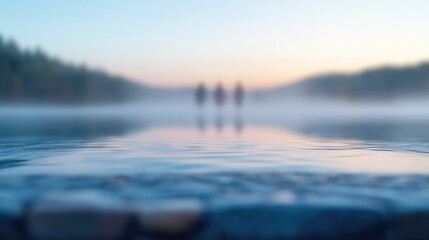 serene nature landscape with soft morning light misty horizon and tranquil lake surface focus on calmness and health