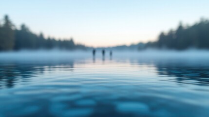 serene nature landscape with soft morning light misty horizon and tranquil lake surface focus on calmness and health