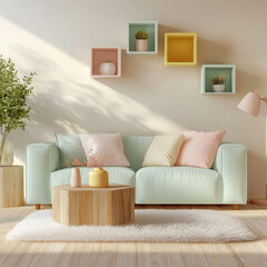 Wall Mural - Cozy Home Interior: Inviting living room interior featuring a pastel-colored sofa, decorative pillows, wooden coffee table, and floating shelves, creating a warm and comfortable ambiance.