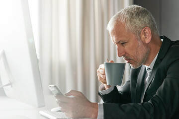 Poster - Business, smartphone and man in office, coffee and consultant with mobile user, espresso and app. Person, corporate professional or financial advisor with cellphone, connection or digital chatting